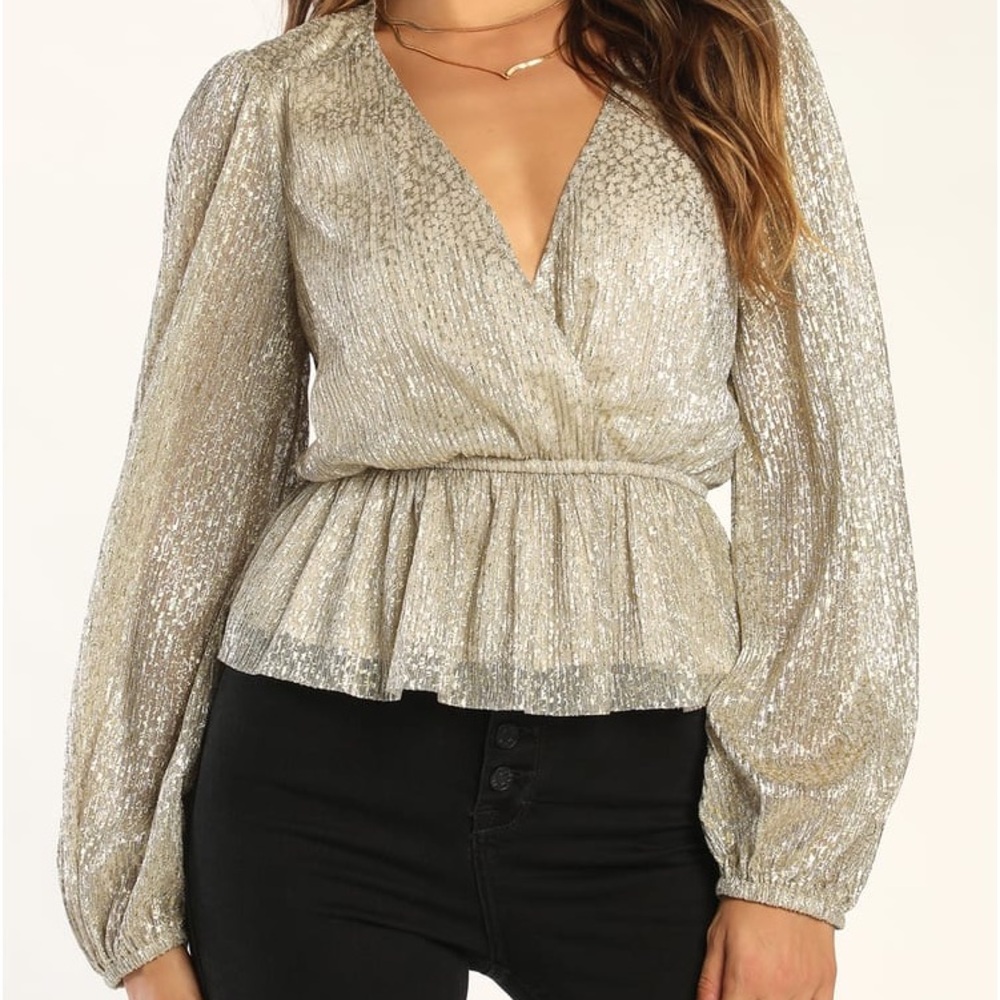 Lulus Bring the Glow Shiny Gold Long Sleeve Peplum Top